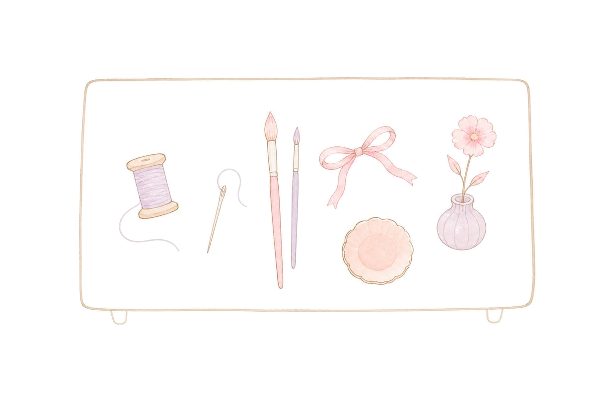 机の上に並んだ糸巻き・筆・道具のイラスト