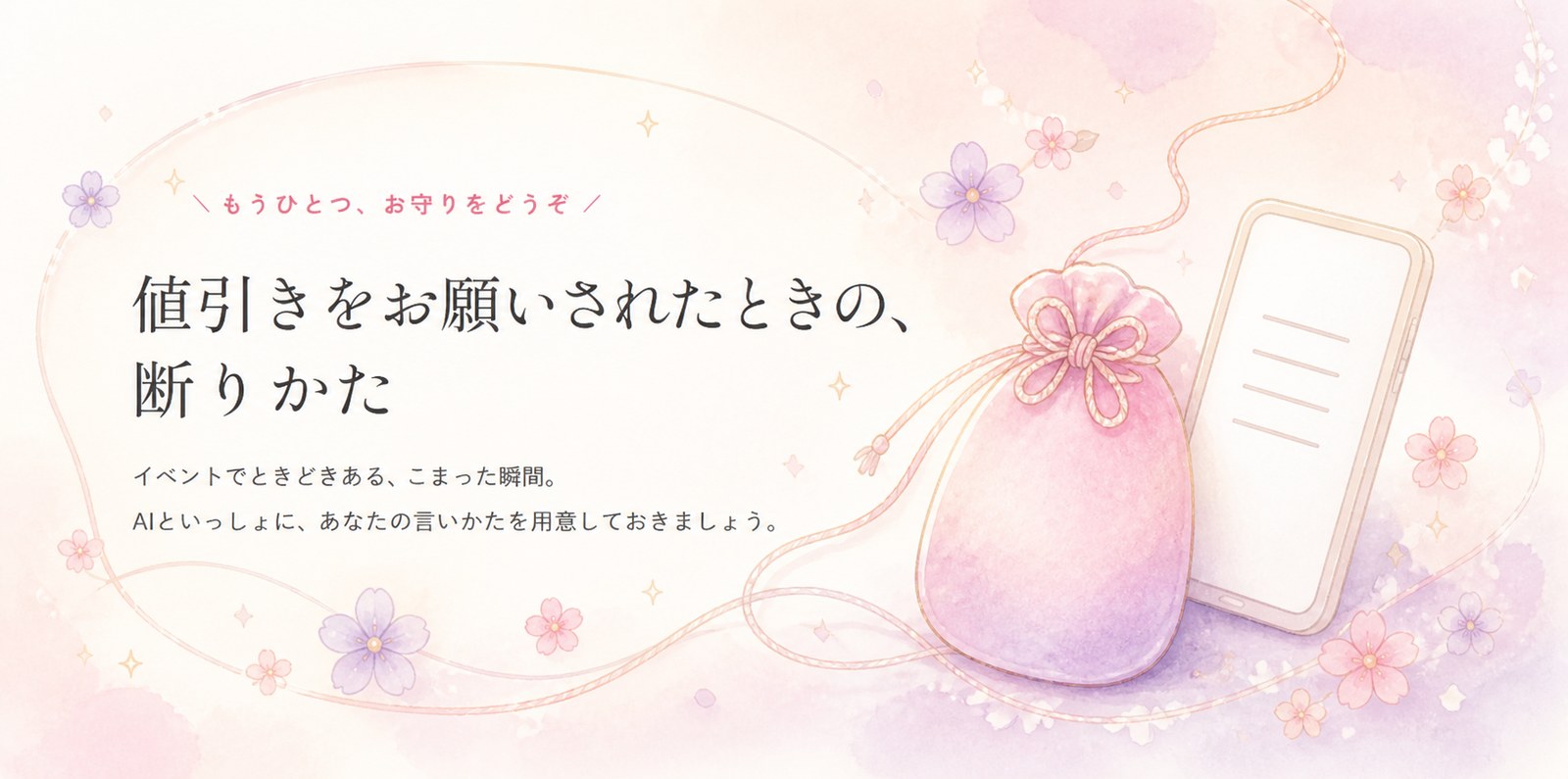 もうひとつ、お守りをどうぞ。値引きをお願いされたときの、断りかた。イベントでときどきある、こまった瞬間。AIといっしょに、あなたの言いかたを用意しておきましょう