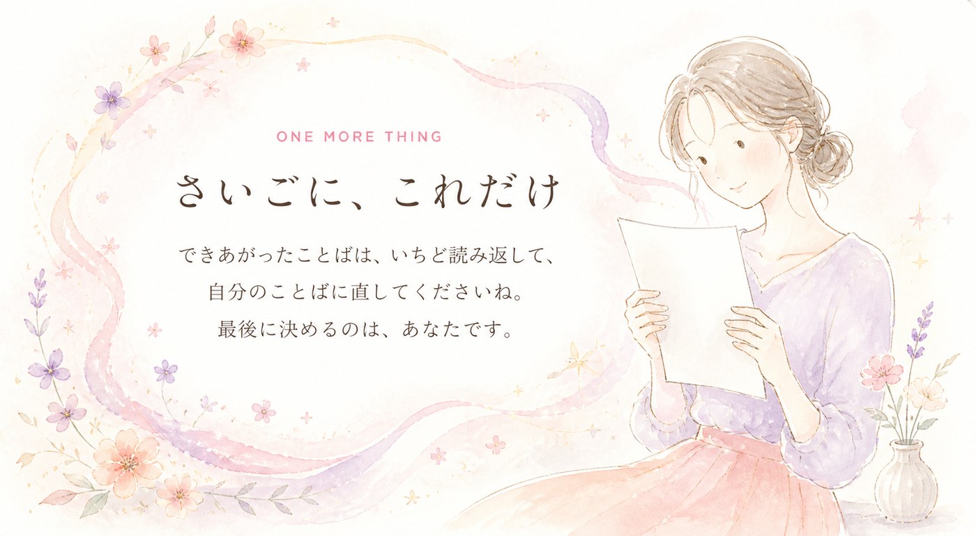 さいごに、これだけ。できあがったことばは、いちど読み返して、自分のことばに直してくださいね。最後に決めるのは、あなたです